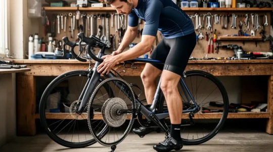 Cycliste examinant la cassette arrière de son vélo dans un atelier lumineux