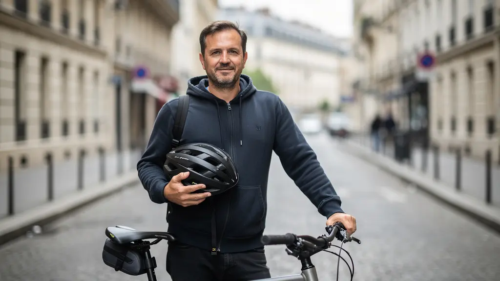 Cycliste français tenant son casque vélo urbain dans une rue parisienne