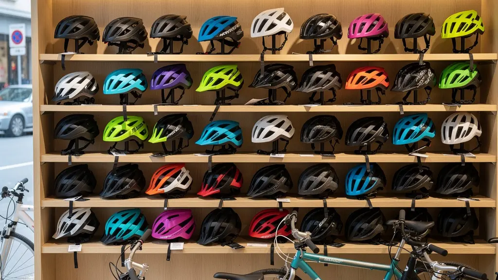 Étagère de casques vélo colorés dans une boutique spécialisée