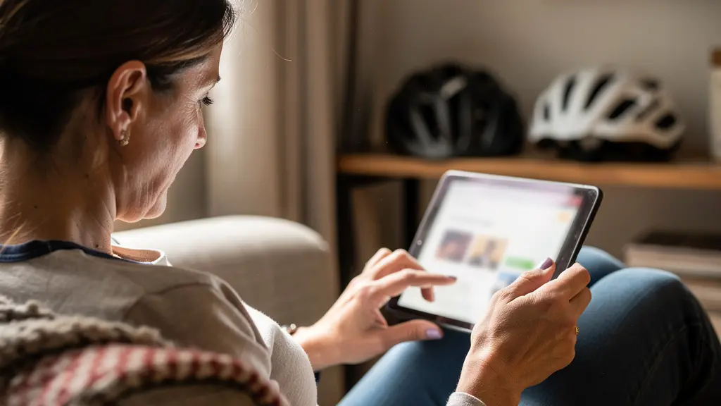 Personne consultant un site de casques vélo sur tablette dans son salon