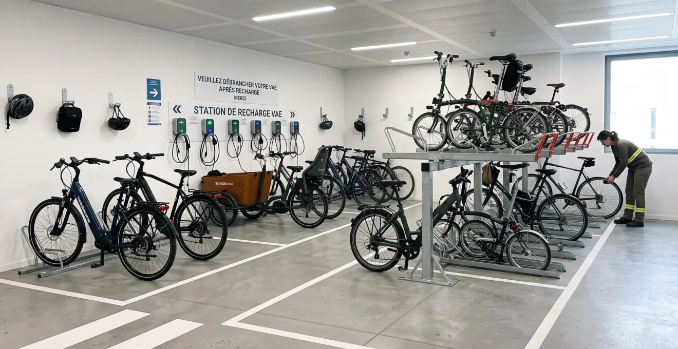 Local à vélos d'entreprise moderne avec différents types de vélos électriques et stations de recharge