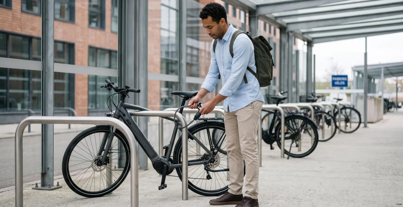 Professionnel attachant son vélo électrique dans un parking à vélos d'entreprise couvert