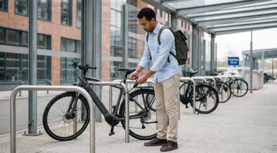 Professionnel attachant son vélo électrique dans un parking à vélos d'entreprise couvert