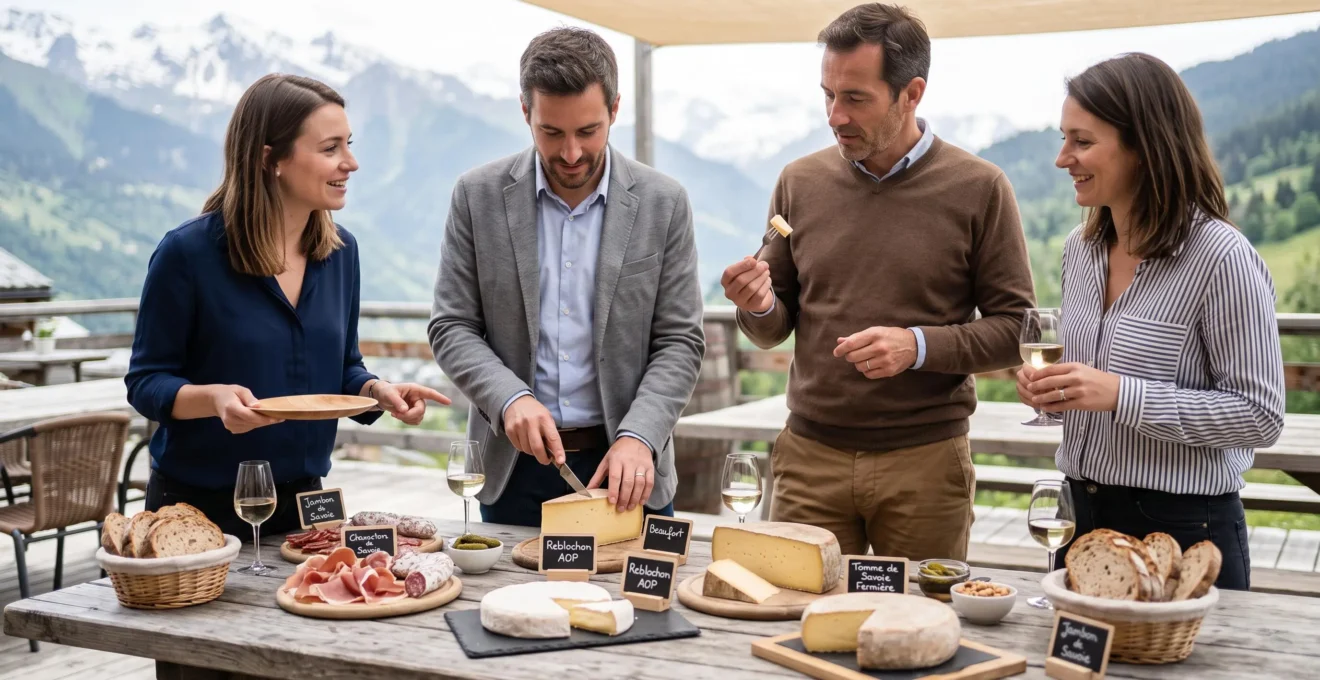 Collaborateurs découvrant des fromages savoyards et produits locaux lors d'une dégustation team building à Annecy