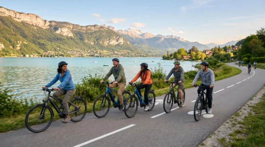 Groupe de collaborateurs faisant du vélo électrique sur la piste cyclable du lac d'Annecy avec vue sur les montagnes