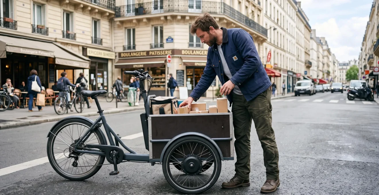 Professionnel utilisant un vélo cargo électrique pour le transport de matériel en milieu urbain