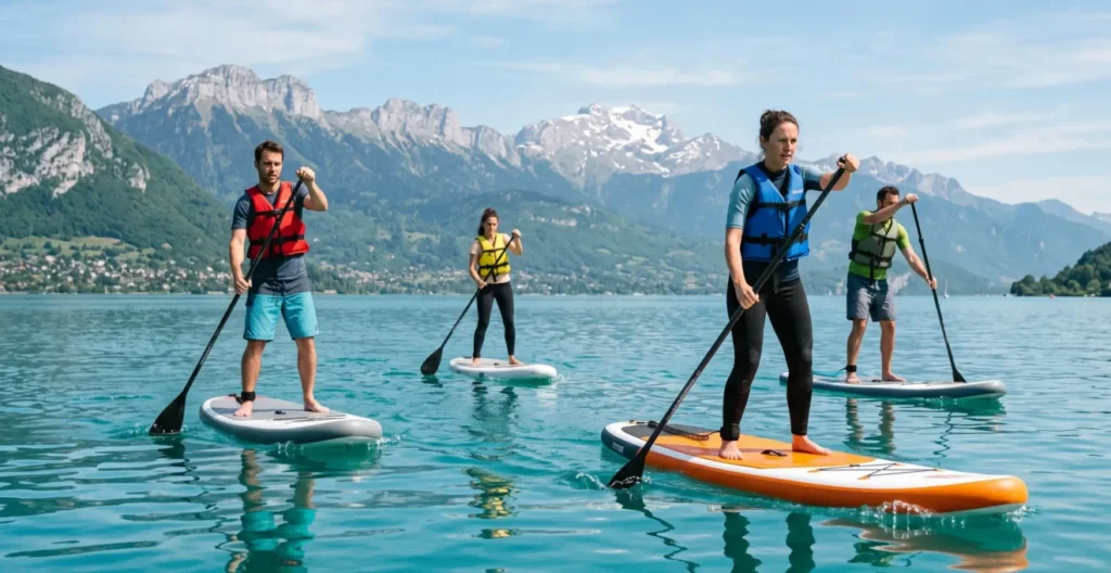 Équipe de collaborateurs pratiquant le stand-up paddle sur le lac d'Annecy avec les montagnes en arrière-plan Équipe de collaborateurs pratiquant le stand-up paddle sur le lac d'Annecy avec les montagnes en arrière-plan