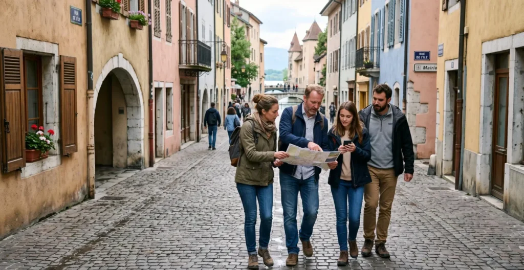 Équipe de collaborateurs participant à un rallye urbain dans les rues pavées de la vieille ville d'Annecy Équipe de collaborateurs participant à un rallye urbain dans les rues pavées de la vieille ville d'Annecy
